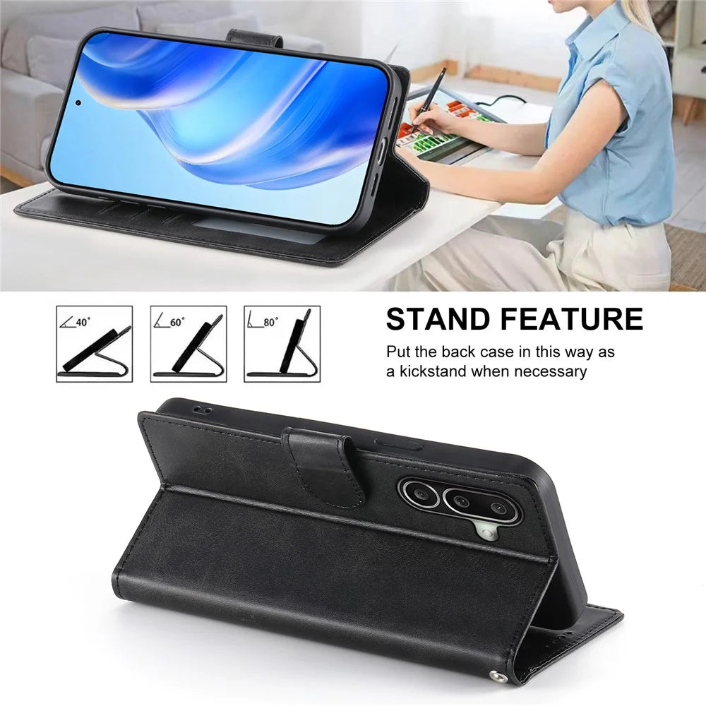 For Samsung Galaxy A27 5G Phone Case Stand Wallet Calf Texture PU Leather Flip Phone Cover with Wrist Strap - Black - 4
