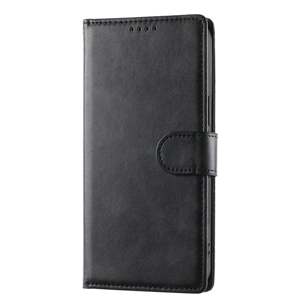 For Samsung Galaxy A27 5G Phone Case Stand Wallet Calf Texture PU Leather Flip Phone Cover with Wrist Strap - Black - 5