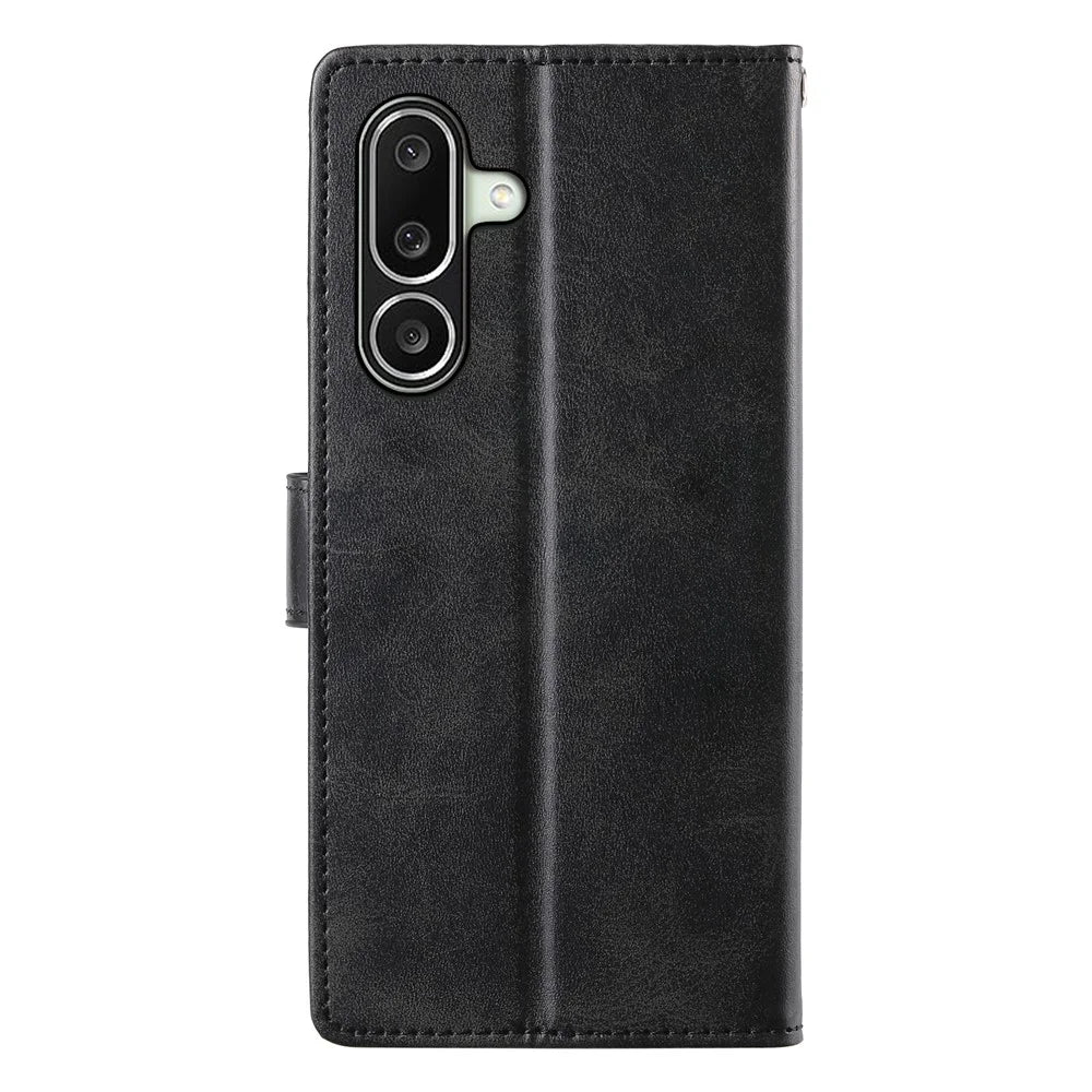For Samsung Galaxy A27 5G Phone Case Stand Wallet Calf Texture PU Leather Flip Phone Cover with Wrist Strap - Black - 6