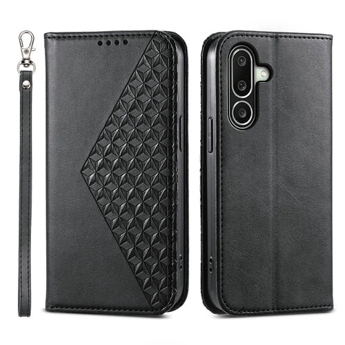 For Samsung Galaxy A27 5G Case Calf Texture PU Leather Wallet Phone Cover with Wrist Strap - Black - 1