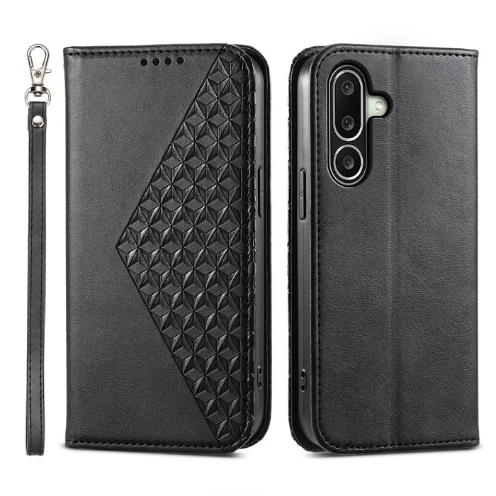 For Samsung Galaxy A27 5G Case Calf Texture PU Leather Wallet Phone Cover with Wrist Strap - Black - 1