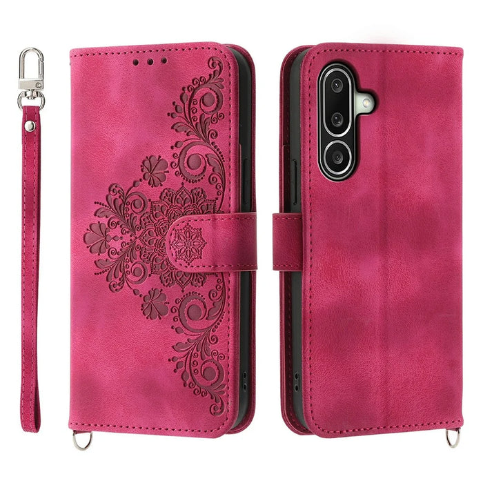 For Samsung Galaxy A27 5G Wallet Case Flower Pattern PU Leather Phone Cover with Strap - Wine Red - 1