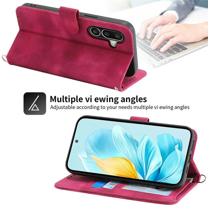 For Samsung Galaxy A27 5G Wallet Case Flower Pattern PU Leather Phone Cover with Strap - Wine Red - 6
