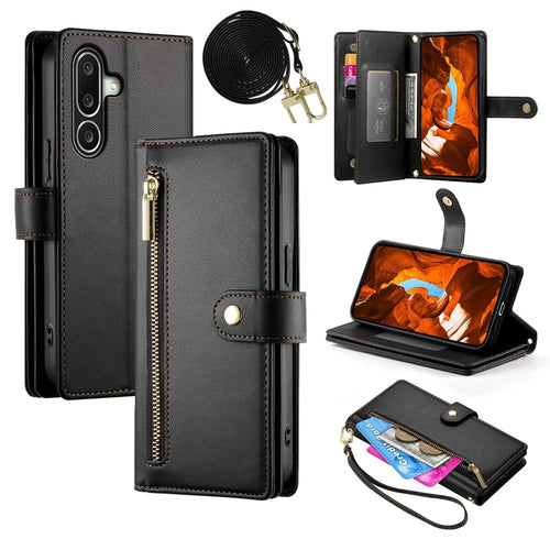For Samsung Galaxy A27 5G Leather Case Zipper Pocket Wallet Phone Cover with Straps - Black - 1