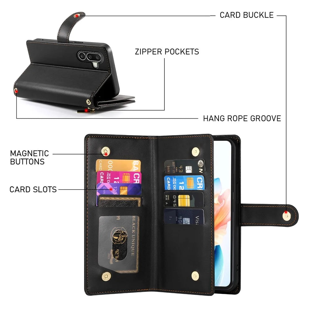 For Samsung Galaxy A27 5G Leather Case Zipper Pocket Wallet Phone Cover with Straps - Black - 5
