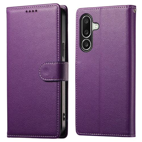 For Samsung Galaxy A27 5G Case Magnetic Snap Litchi Texture Leather Wallet Phone Cover with Wrist Strap - Purple - 1