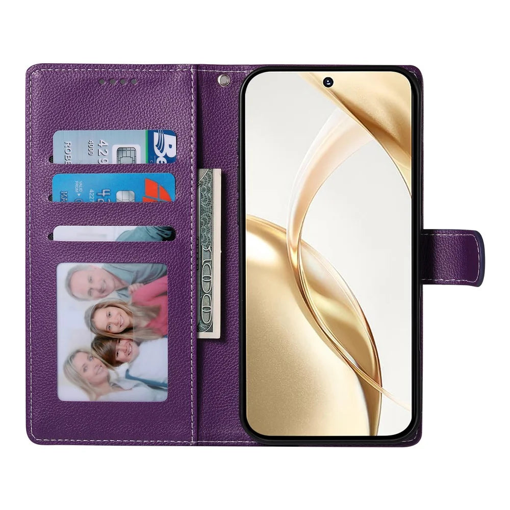 For Samsung Galaxy A27 5G Case Magnetic Snap Litchi Texture Leather Wallet Phone Cover with Wrist Strap - Purple - 2