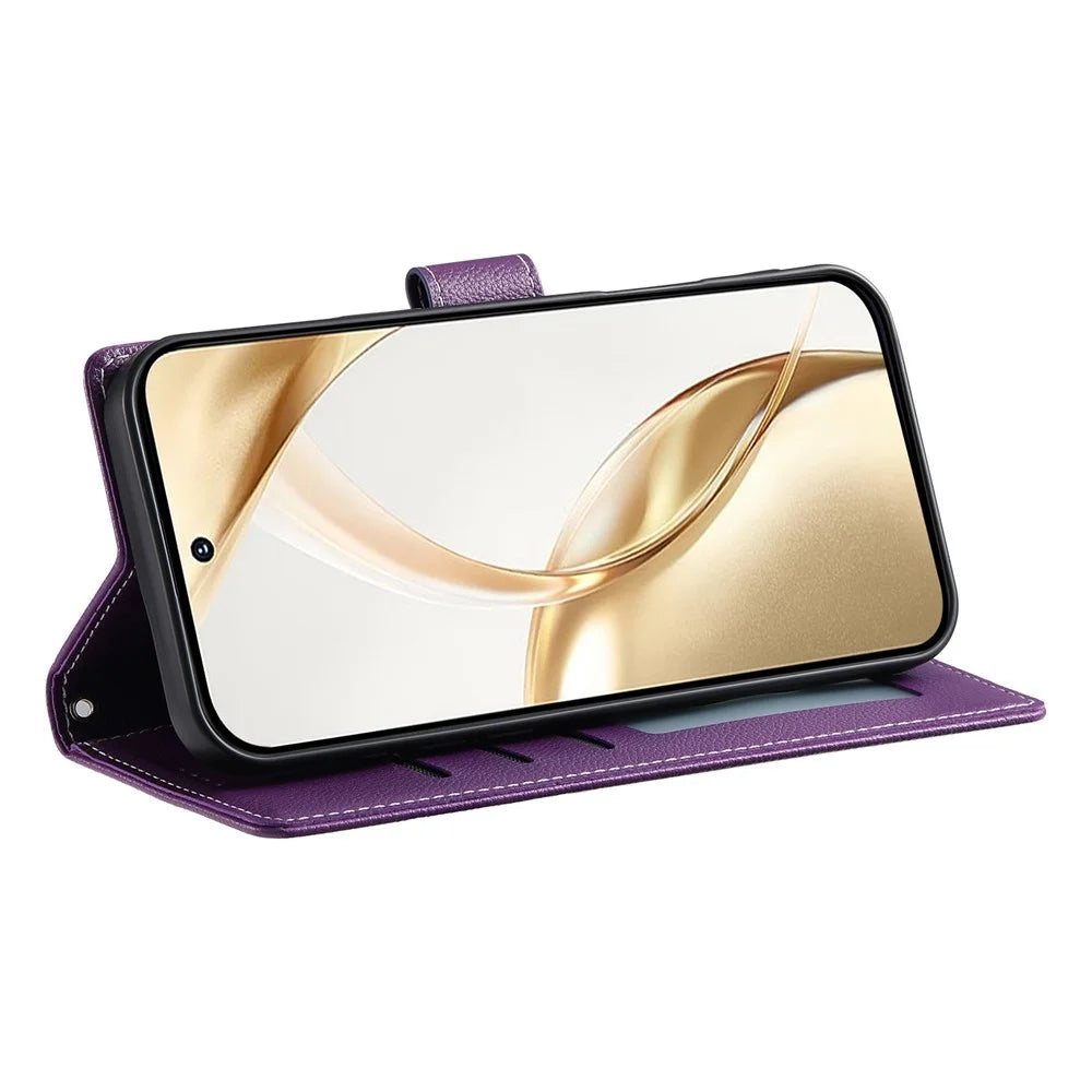 For Samsung Galaxy A27 5G Case Magnetic Snap Litchi Texture Leather Wallet Phone Cover with Wrist Strap - Purple - 3