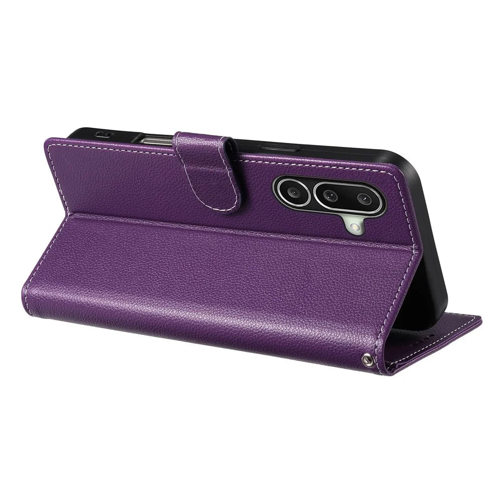 For Samsung Galaxy A27 5G Case Magnetic Snap Litchi Texture Leather Wallet Phone Cover with Wrist Strap - Purple - 4