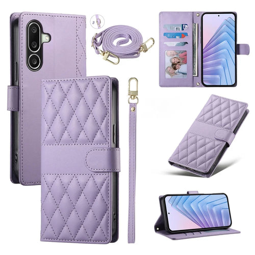 For Samsung Galaxy A27 5G Wallet Case Rhombus Stitching Stand Leather Phone Cover with Long   /   Short Strap - Purple - 1