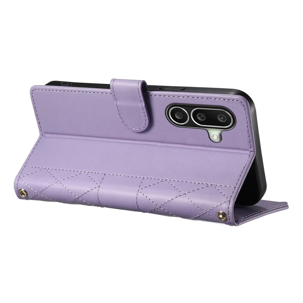 For Samsung Galaxy A27 5G Wallet Case Rhombus Stitching Stand Leather Phone Cover with Long   /   Short Strap - Purple - 4