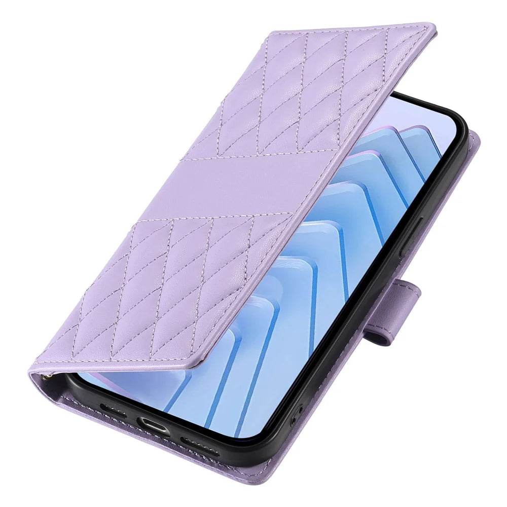 For Samsung Galaxy A27 5G Wallet Case Rhombus Stitching Stand Leather Phone Cover with Long   /   Short Strap - Purple - 7