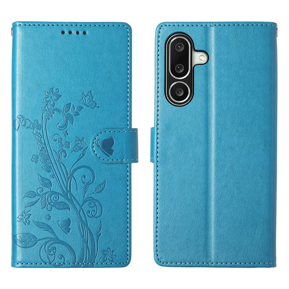 For Samsung Galaxy A27 5G Wallet Case Butterfly Floral Imprint PU Leather Phone Cover with Wrist Strap - Blue - 1