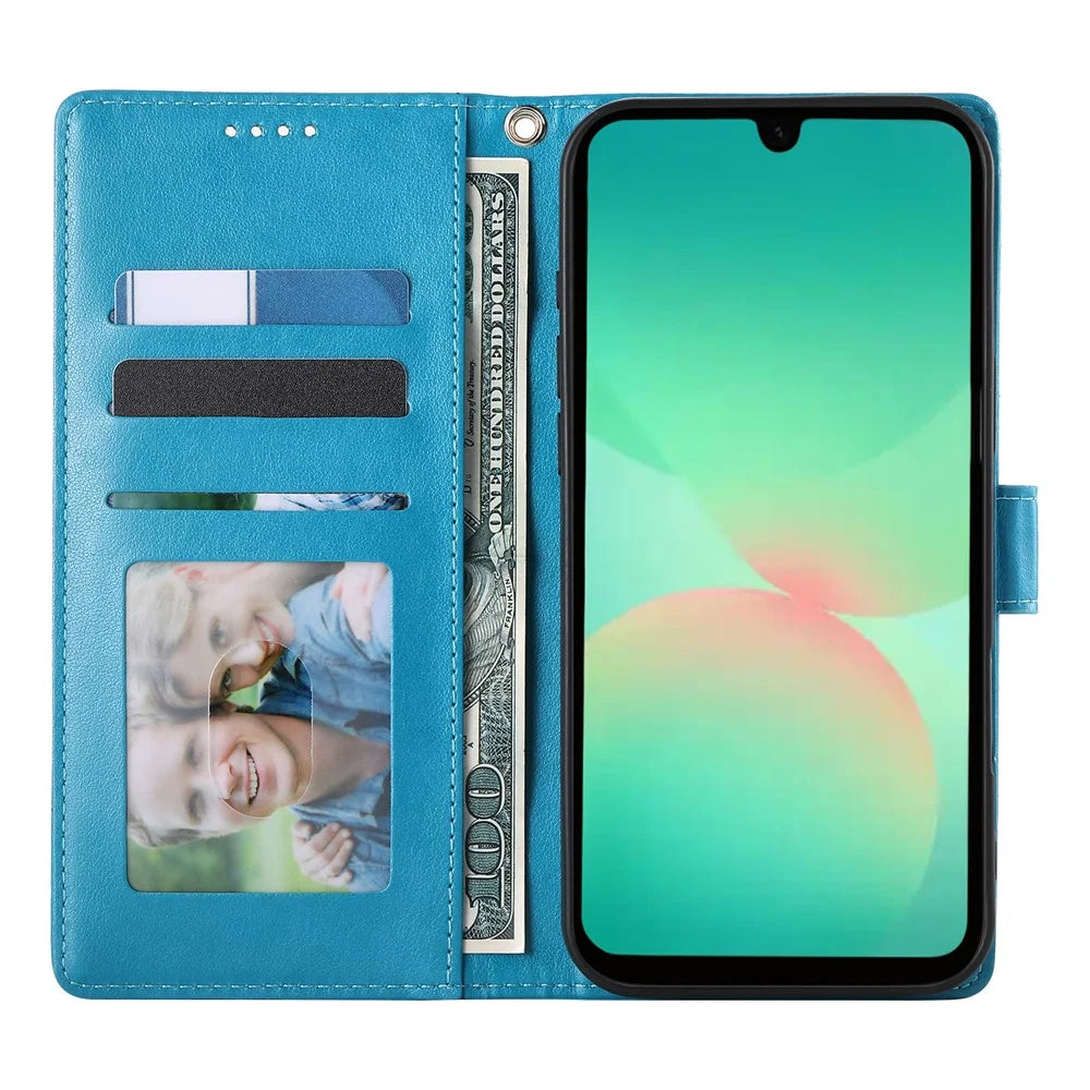 For Samsung Galaxy A27 5G Wallet Case Butterfly Floral Imprint PU Leather Phone Cover with Wrist Strap - Blue - 3