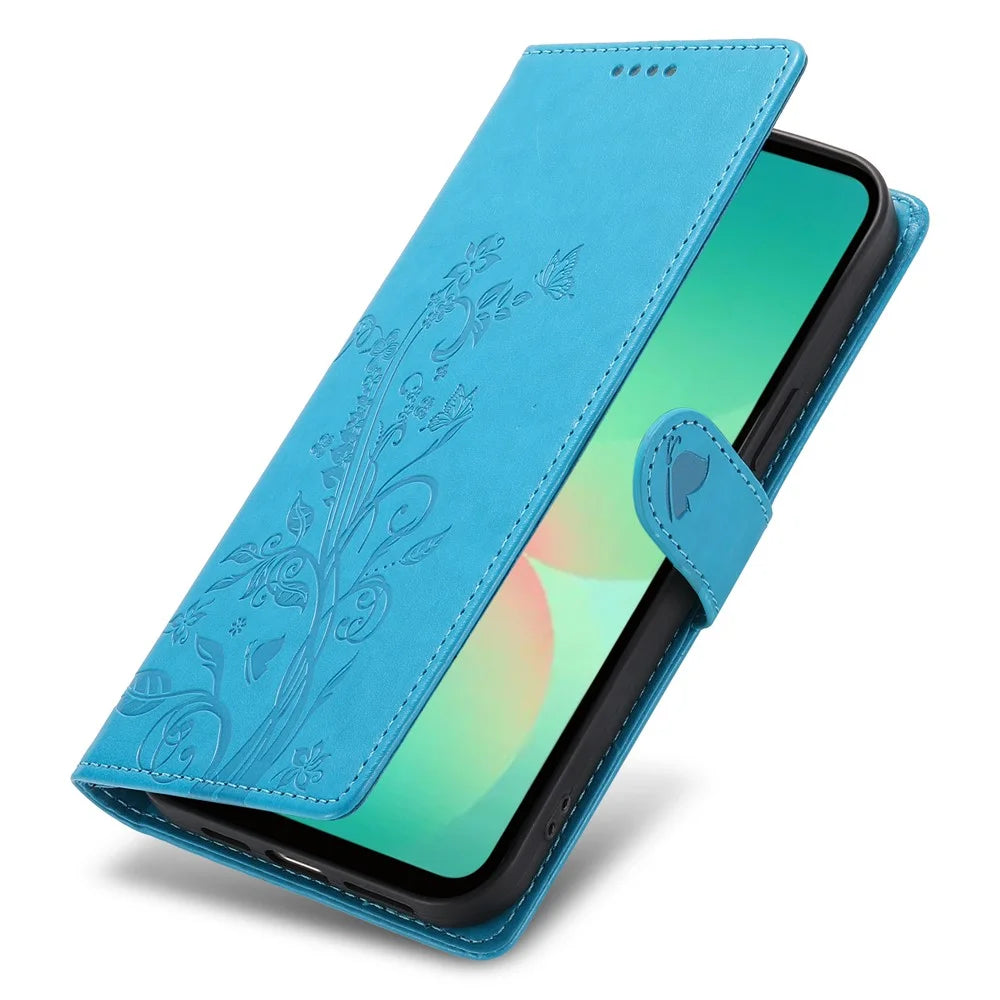 For Samsung Galaxy A27 5G Wallet Case Butterfly Floral Imprint PU Leather Phone Cover with Wrist Strap - Blue - 5