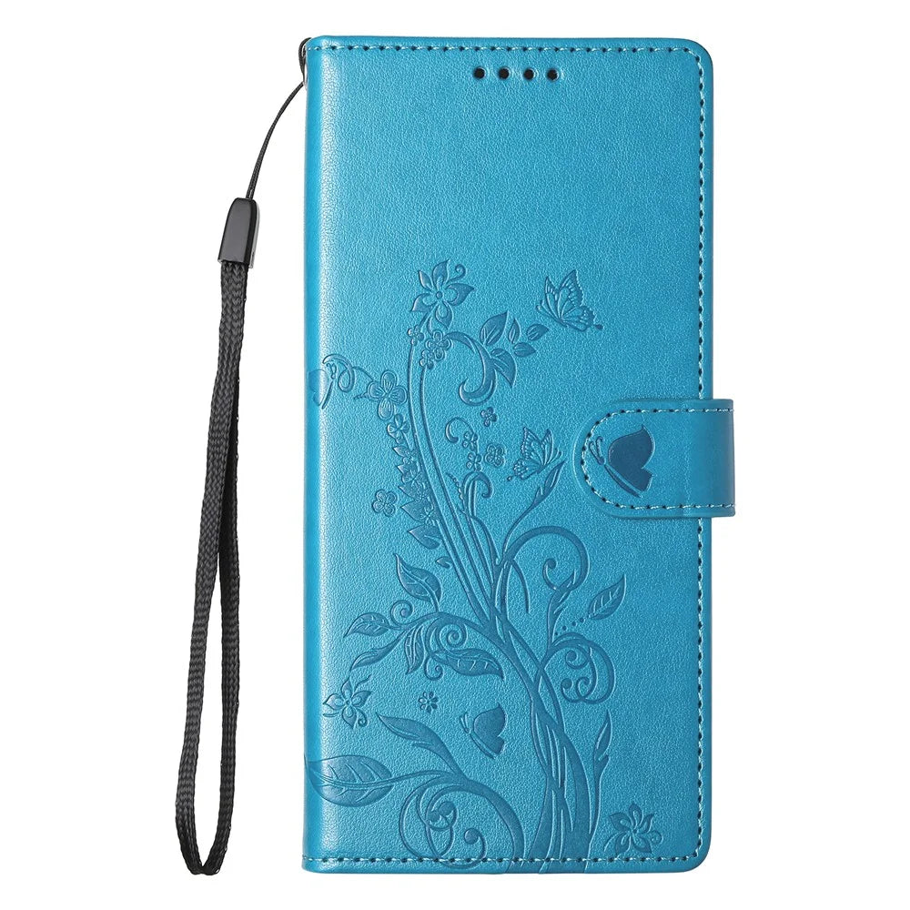 For Samsung Galaxy A27 5G Wallet Case Butterfly Floral Imprint PU Leather Phone Cover with Wrist Strap - Blue - 6