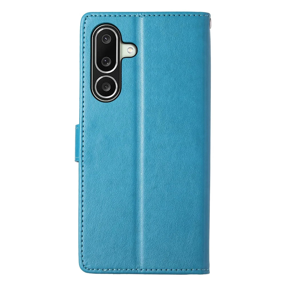 For Samsung Galaxy A27 5G Wallet Case Butterfly Floral Imprint PU Leather Phone Cover with Wrist Strap - Blue - 7