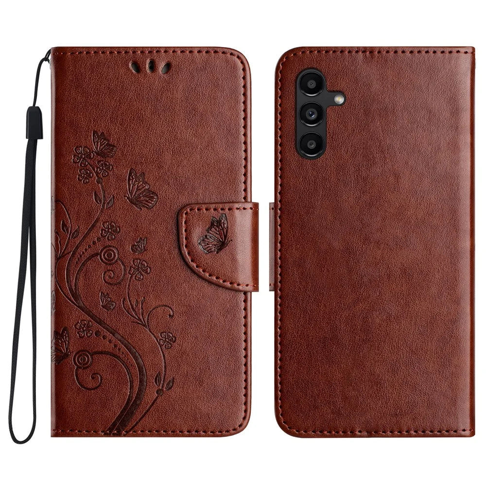 For Samsung Galaxy A27 5G Case Imprinted Mini Butterfly Leather Wallet Phone Cover - Brown - 1