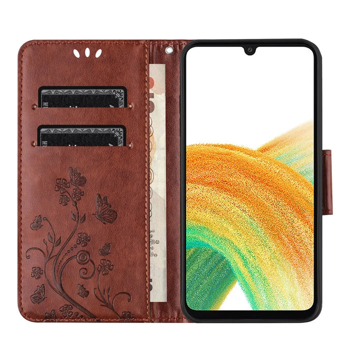 For Samsung Galaxy A37 5G Case Imprinted Mini Butterfly Leather Wallet Phone Cover - Brown - 2