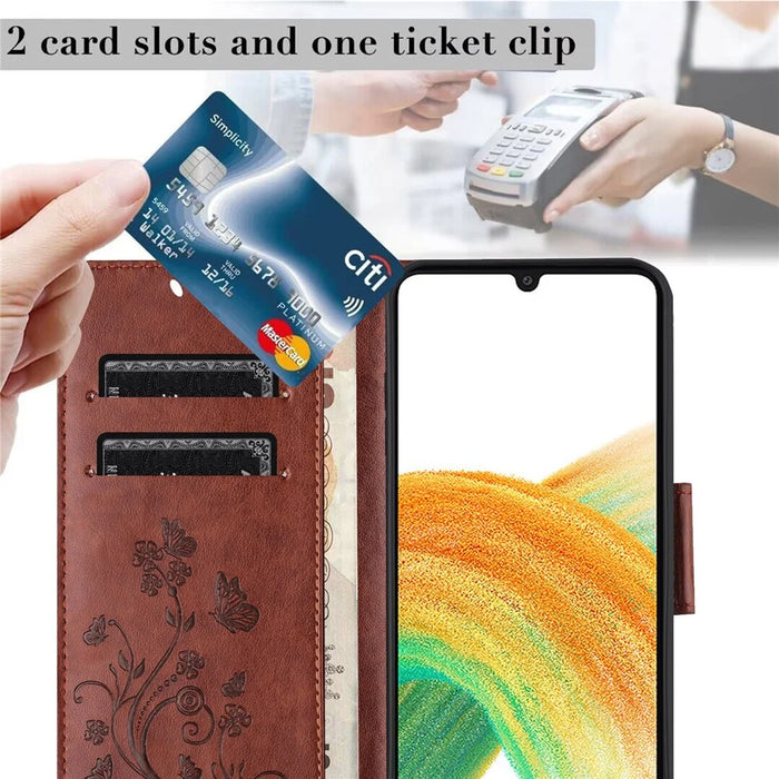 For Samsung Galaxy A37 5G Case Imprinted Mini Butterfly Leather Wallet Phone Cover - Brown - 5