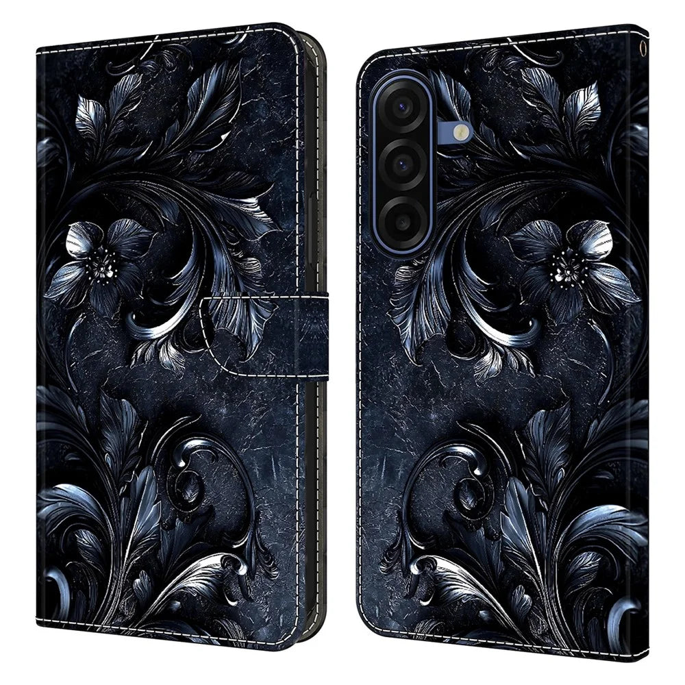 For Samsung Galaxy A18 5G /  A17 4G  /  A17 5G Wallet Stand Case Pattern Printing Leather Phone Cover - Ink-colored Flower - 1