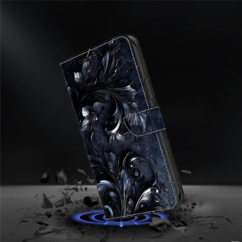 For Samsung Galaxy A18 5G /  A17 4G  /  A17 5G Wallet Stand Case Pattern Printing Leather Phone Cover - Ink-colored Flower - 5