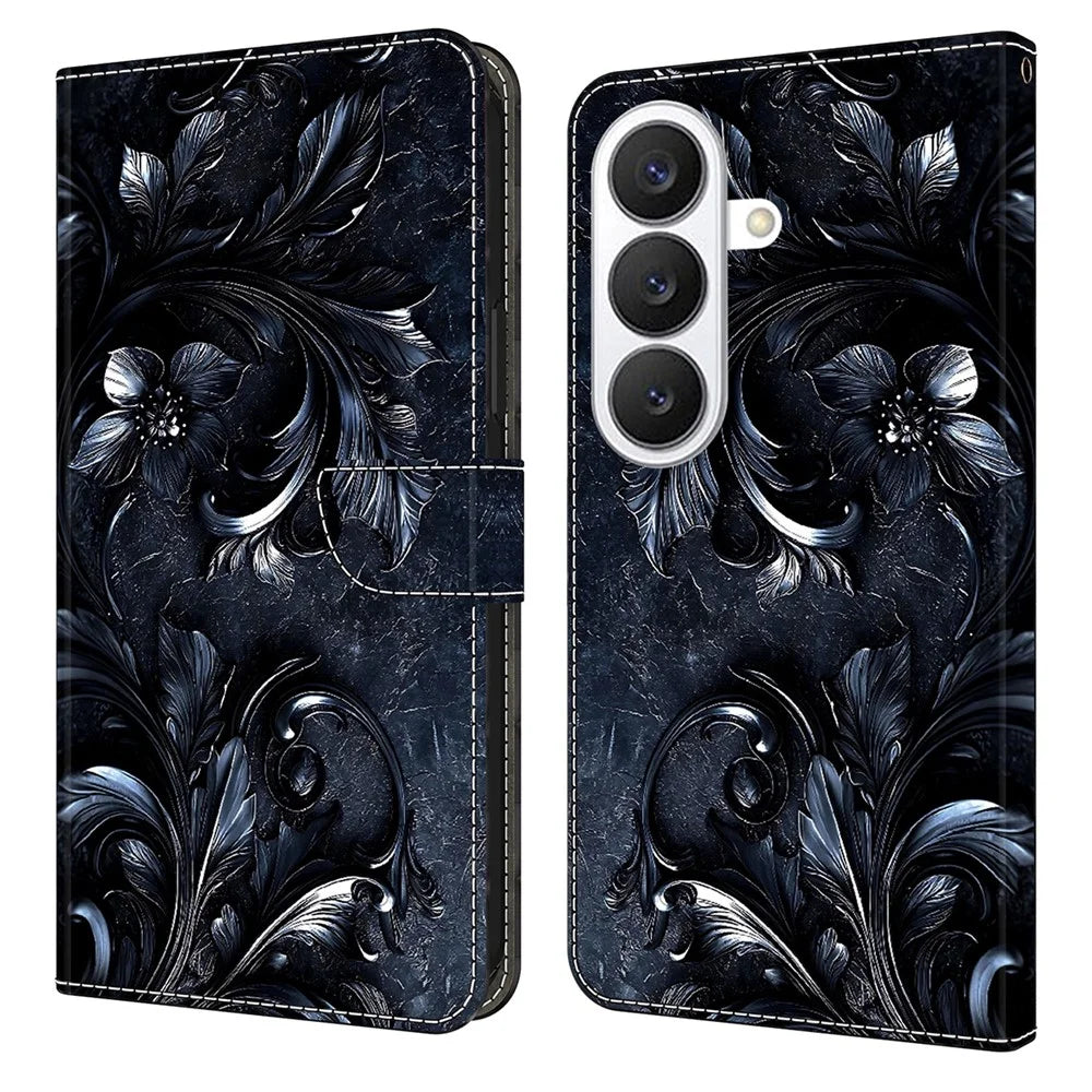 For Samsung Galaxy S26 Wallet Stand Case Pattern Printing Leather Phone Cover - Ink-colored Flower - 1