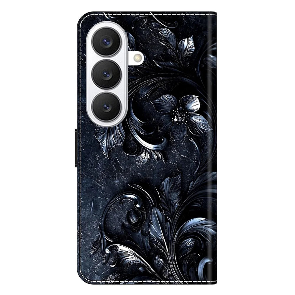 For Samsung Galaxy S26 Wallet Stand Case Pattern Printing Leather Phone Cover - Ink-colored Flower - 7