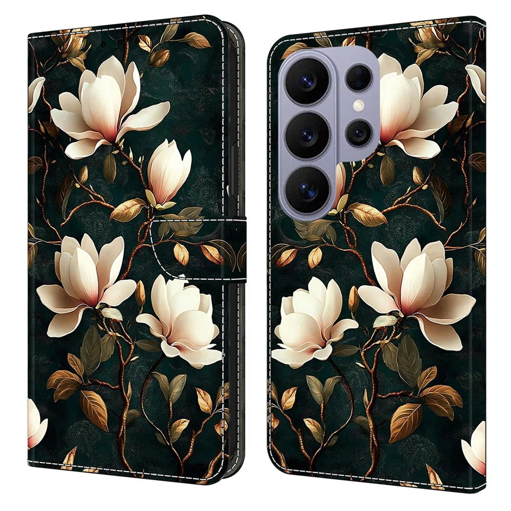 For Samsung Galaxy S26 Ultra Wallet Stand Case Pattern Printing Leather Phone Cover - White Magnolia - 1