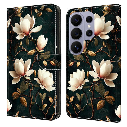 For Samsung Galaxy S26 Ultra Wallet Stand Case Pattern Printing Leather Phone Cover - White Magnolia - 1