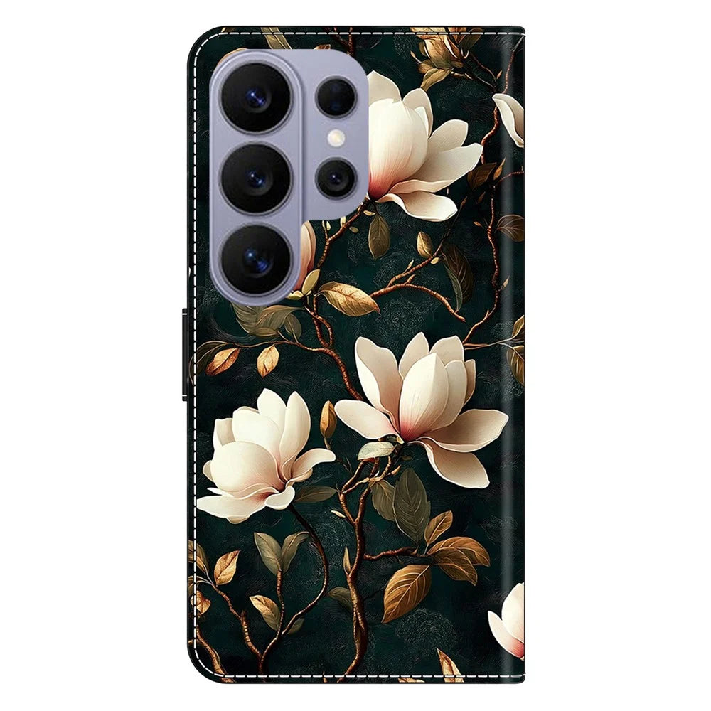 For Samsung Galaxy S26 Ultra Wallet Stand Case Pattern Printing Leather Phone Cover - White Magnolia - 7