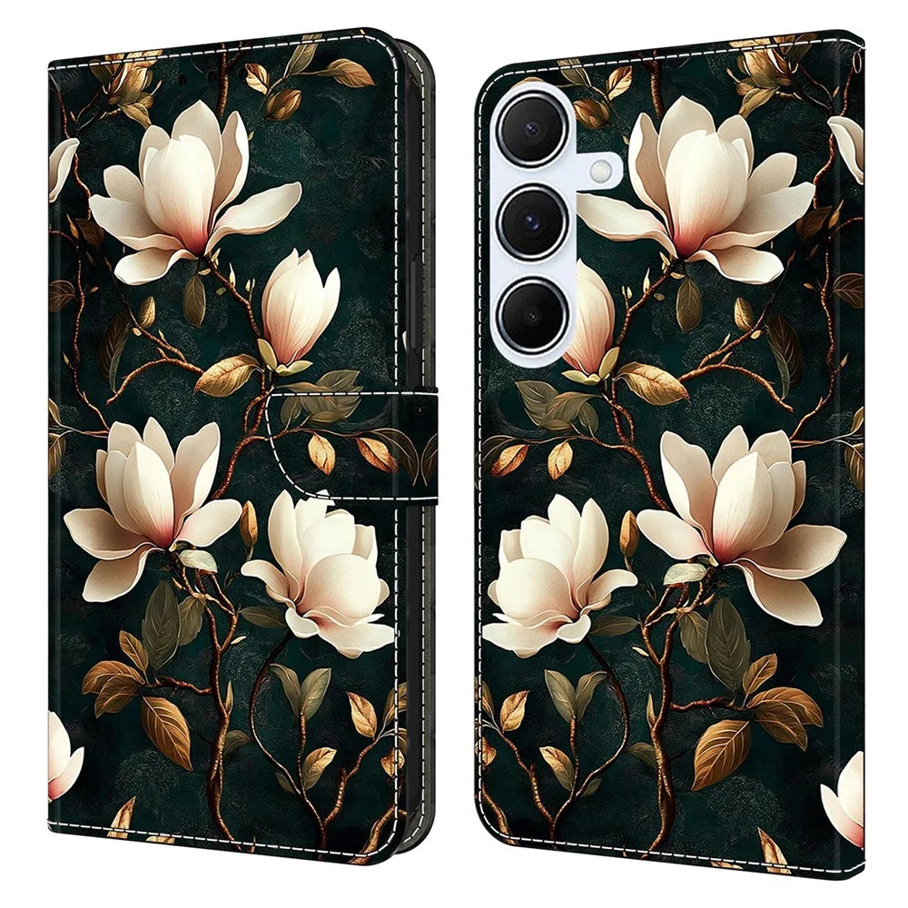For Samsung Galaxy A16 4G  /  A16 5G Wallet Stand Case Pattern Printing Leather Phone Cover - White Magnolia - 1