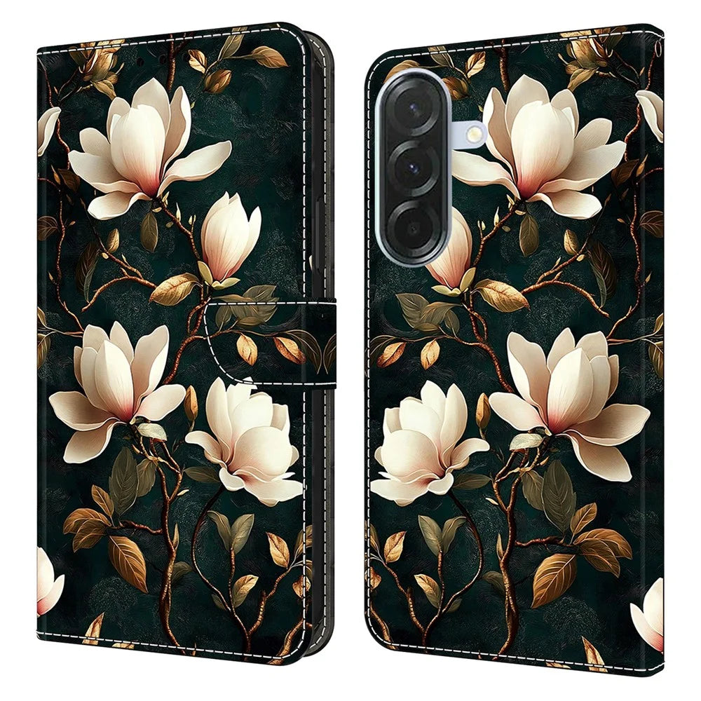 For Samsung Galaxy A26 5G Wallet Stand Case Pattern Printing Leather Phone Cover - White Magnolia - 1