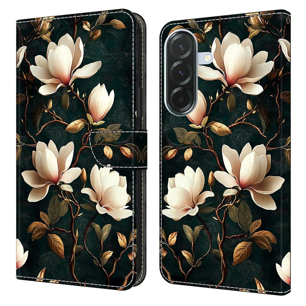 For Samsung Galaxy A36 5G Wallet Stand Case Pattern Printing Leather Phone Cover - White Magnolia - 1