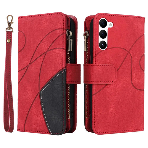 For Samsung Galaxy S23 Leather Case with Strap Zipper 9 Card Slot Phone Cover Stand - Red - 1