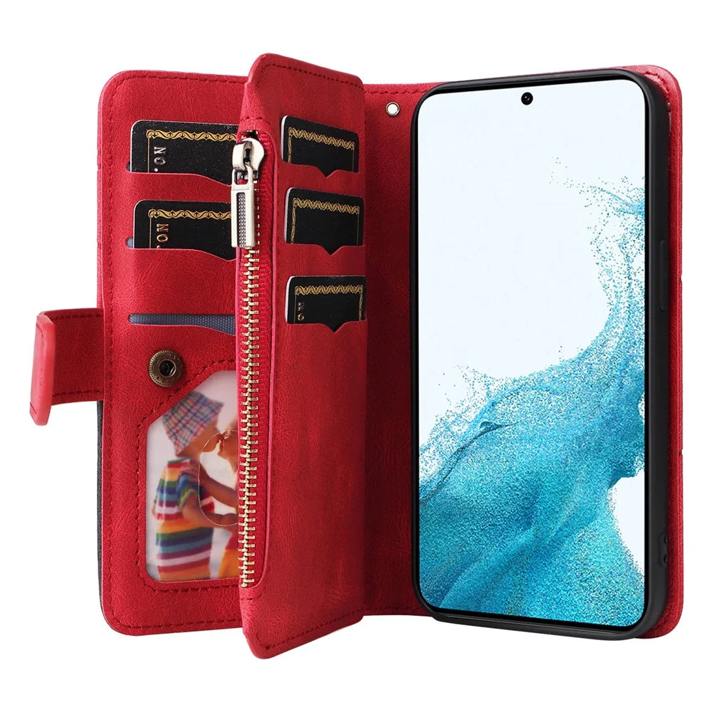 For Samsung Galaxy S23 Leather Case with Strap Zipper 9 Card Slot Phone Cover Stand - Red - 2
