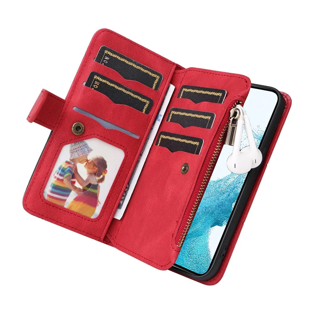 For Samsung Galaxy S23 Leather Case with Strap Zipper 9 Card Slot Phone Cover Stand - Red - 3