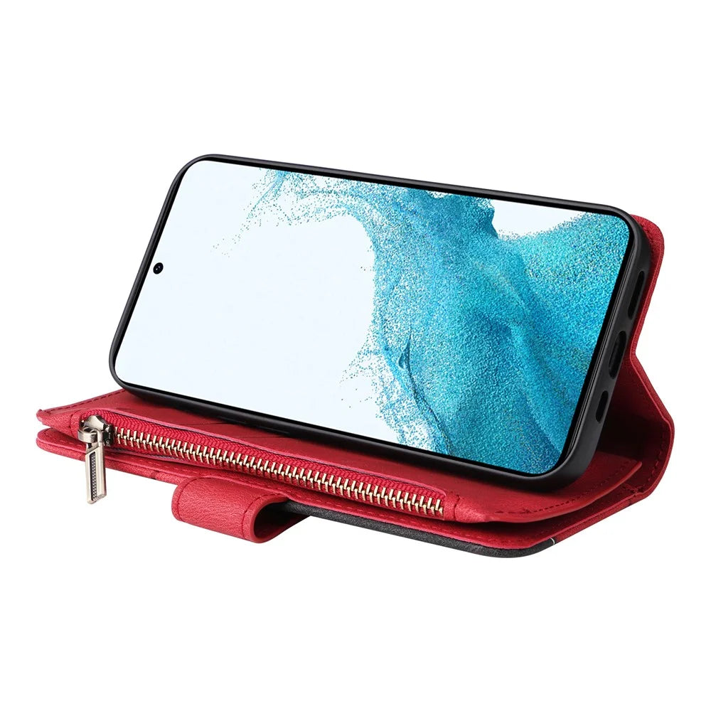 For Samsung Galaxy S23 Leather Case with Strap Zipper 9 Card Slot Phone Cover Stand - Red - 4