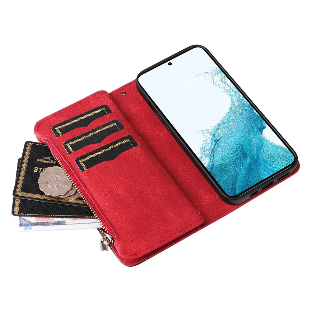 For Samsung Galaxy S23 Leather Case with Strap Zipper 9 Card Slot Phone Cover Stand - Red - 6