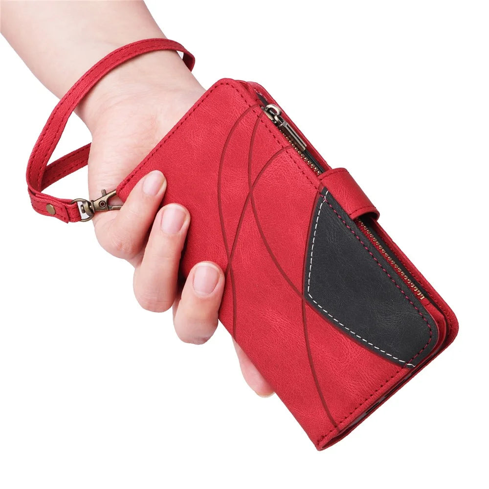 For Samsung Galaxy S23 Leather Case with Strap Zipper 9 Card Slot Phone Cover Stand - Red - 7