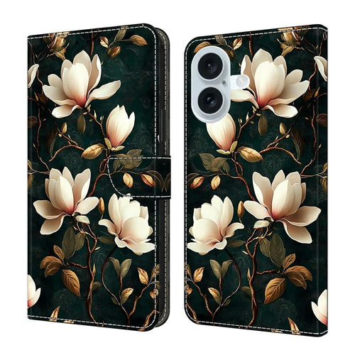For iPhone 17 Wallet Stand Case Pattern Printing Leather Phone Cover - White Magnolia - 1