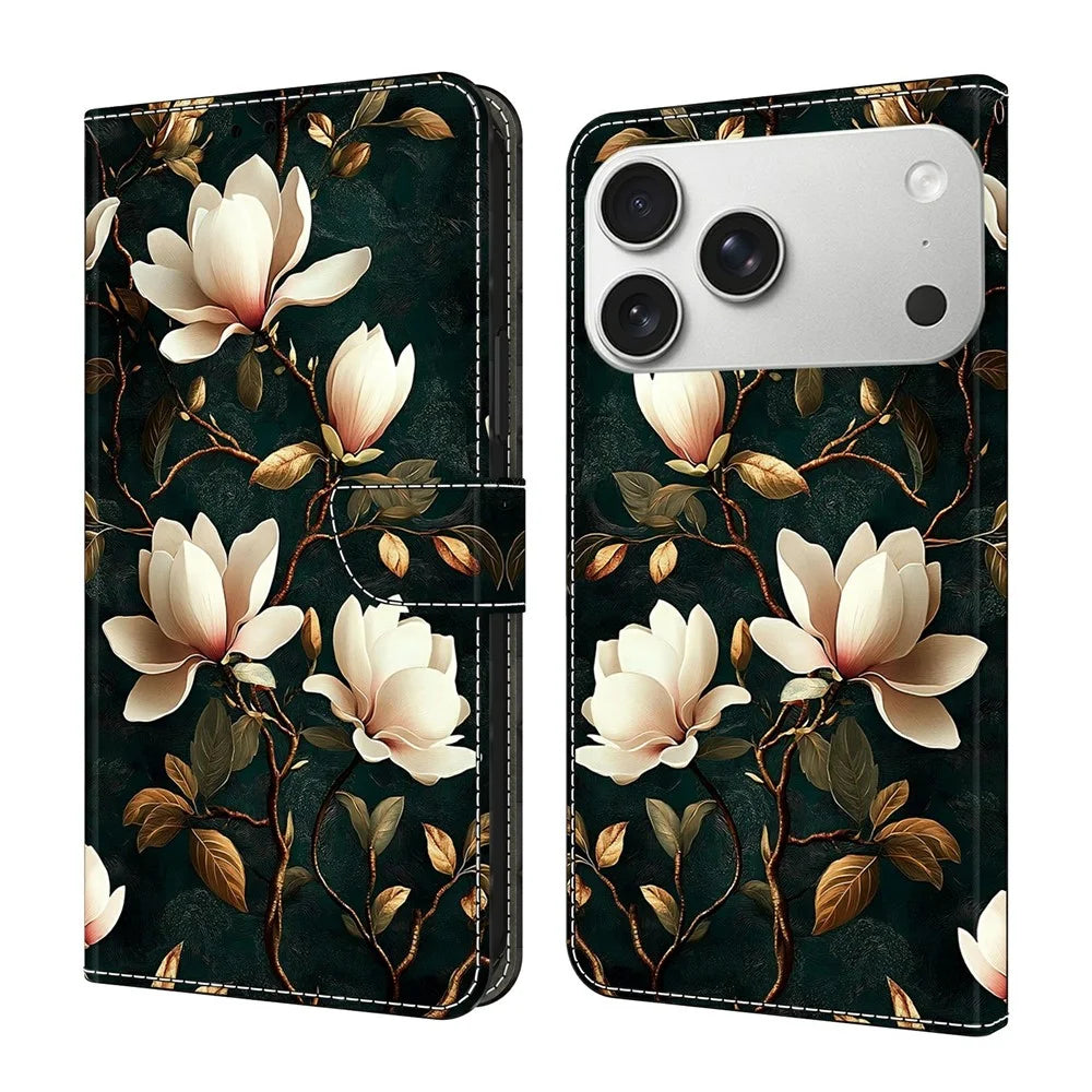 For iPhone 18 Pro Max / 17 Pro Max Wallet Stand Case Pattern Printing Leather Phone Cover - White Magnolia - 1