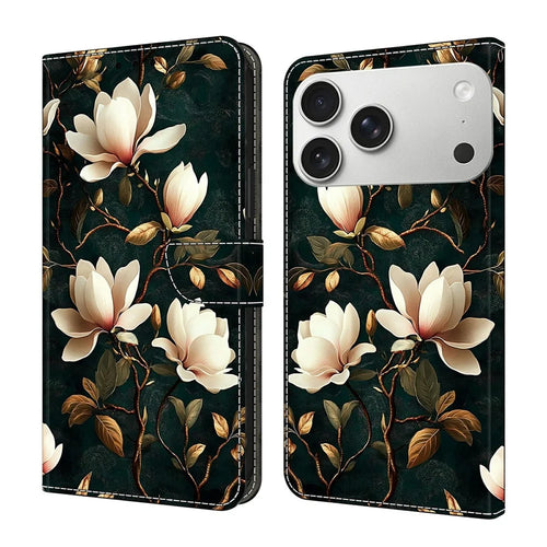 For iPhone 18 Pro Max / 17 Pro Max Wallet Stand Case Pattern Printing Leather Phone Cover - White Magnolia - 1