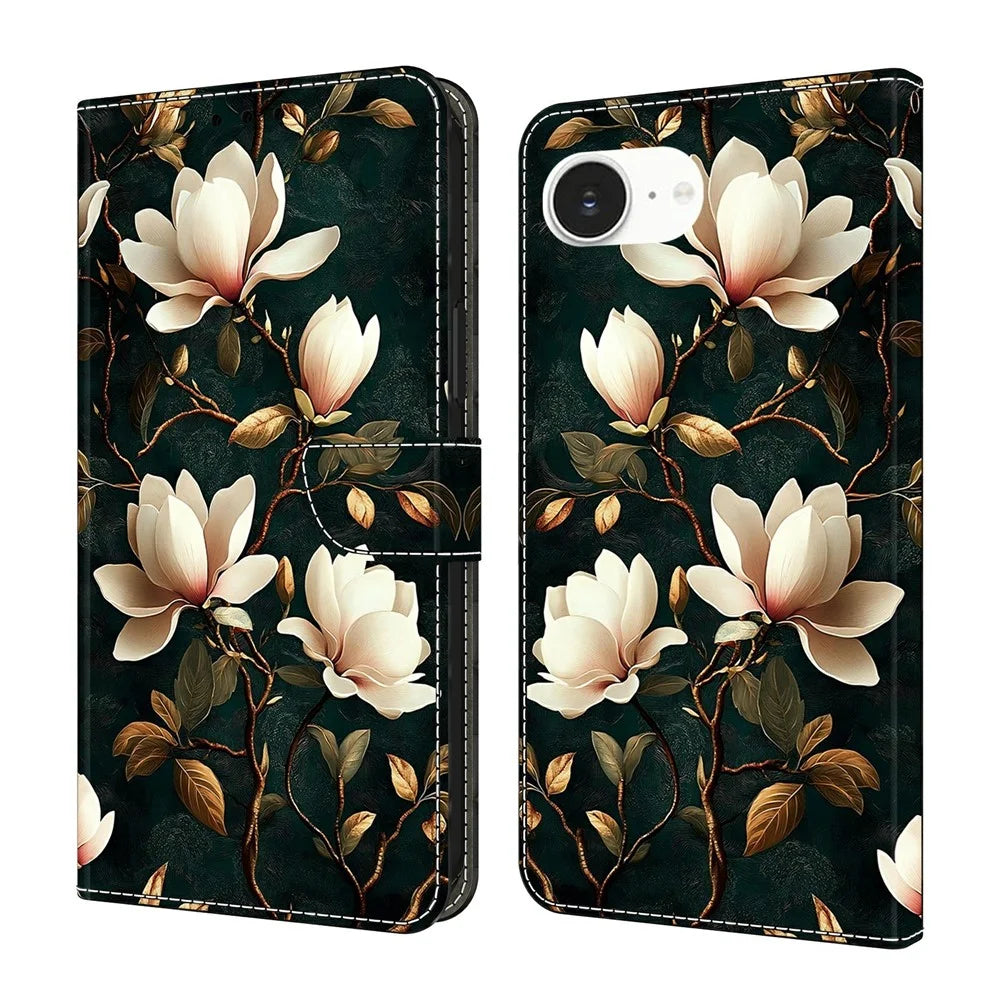 For iPhone 17e / 16e Wallet Stand Case Pattern Printing Leather Phone Cover - White Magnolia - 1