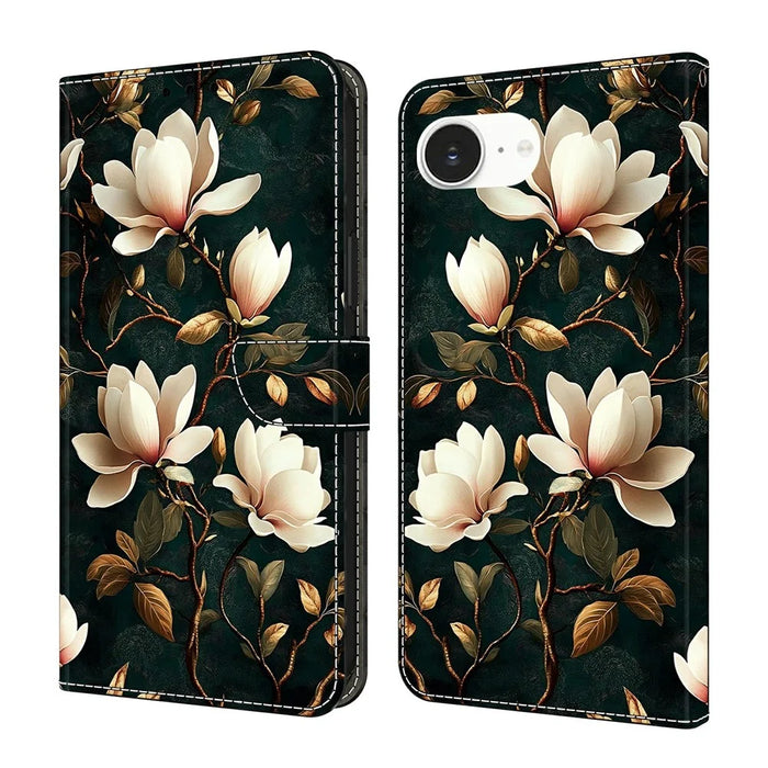 For iPhone 17e / 16e Wallet Stand Case Pattern Printing Leather Phone Cover - White Magnolia - 1