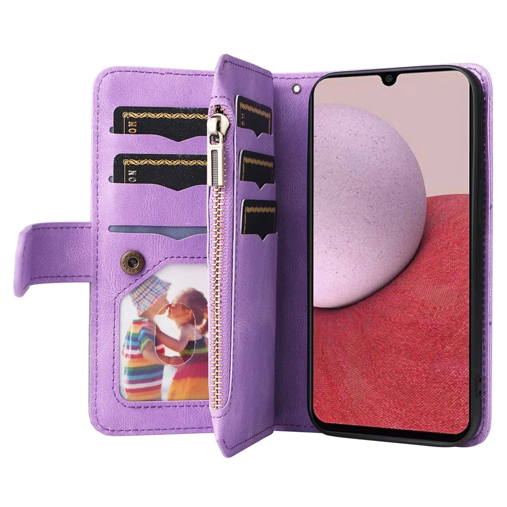 For Samsung Galaxy A14 5G / A14 4G Leather Case with Strap Zipper 9 Card Slot Phone Cover Stand - Light Purple - 2