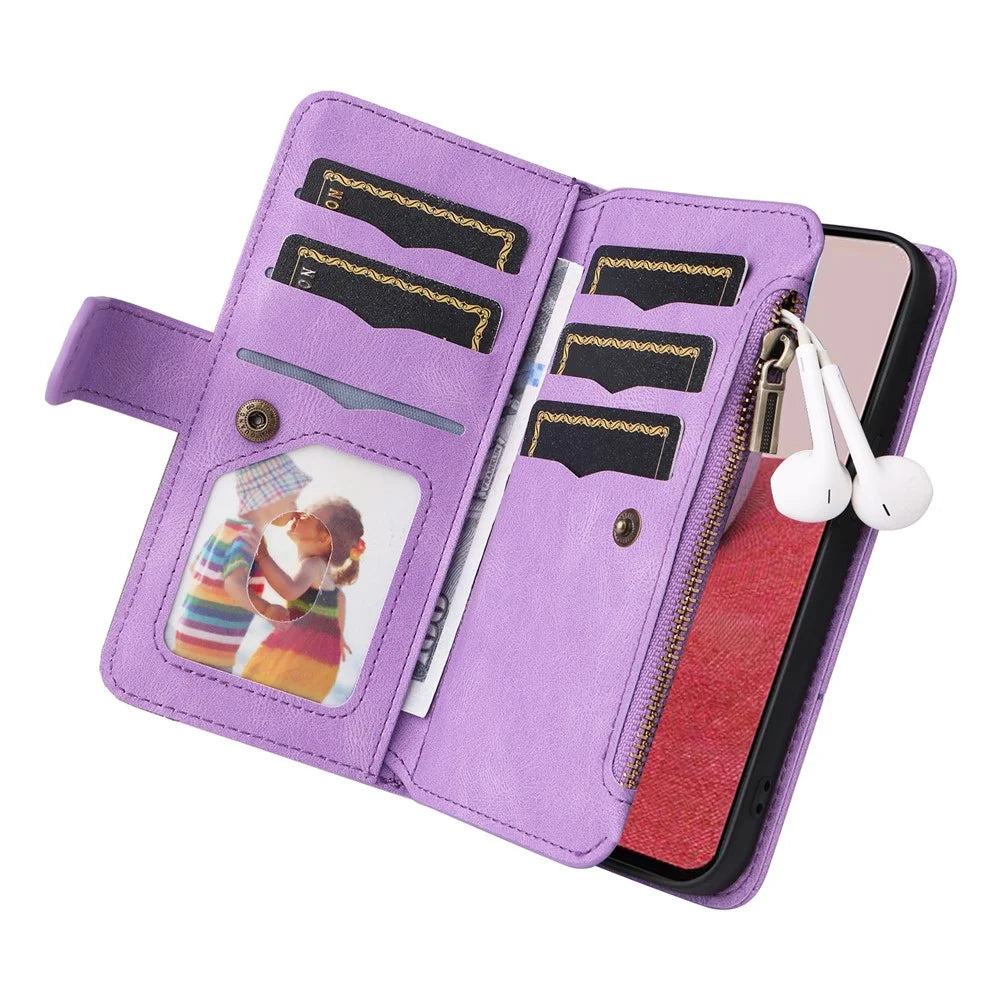 For Samsung Galaxy A14 5G / A14 4G Leather Case with Strap Zipper 9 Card Slot Phone Cover Stand - Light Purple - 3