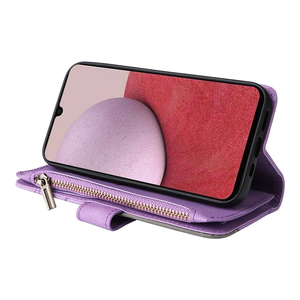 For Samsung Galaxy A14 5G / A14 4G Leather Case with Strap Zipper 9 Card Slot Phone Cover Stand - Light Purple - 4