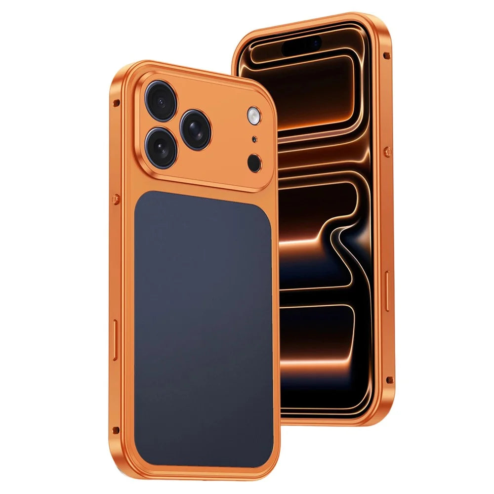 For iPhone 17 Pro Metal Frame Case Magnetic Snap On Frame PC Hollow Back Heat Dissipation Shockproof Cover - Titanium Orange - 1