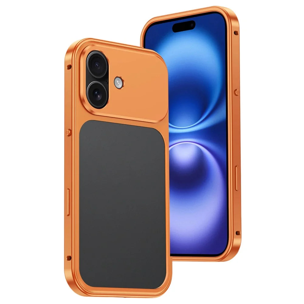For iPhone 16 Metal Frame Case Magnetic Snap On Frame PC Hollow Back Heat Dissipation Shockproof Cover - Titanium Orange - 1